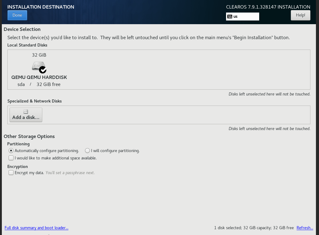 Selecting Installation Destination for ClearOS 7.9.1