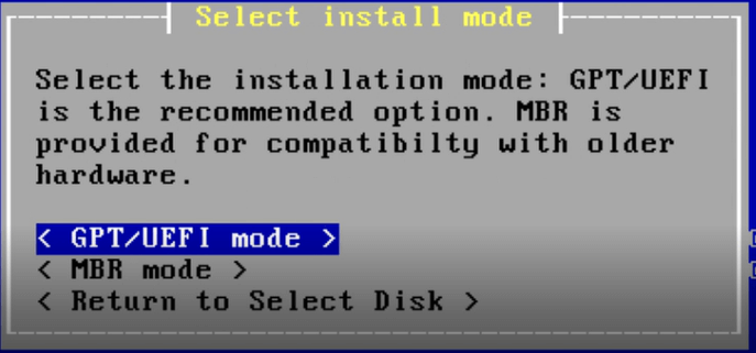 Selecting installation mode for OPNsense installation Selecting installation mode for OPNsense installation