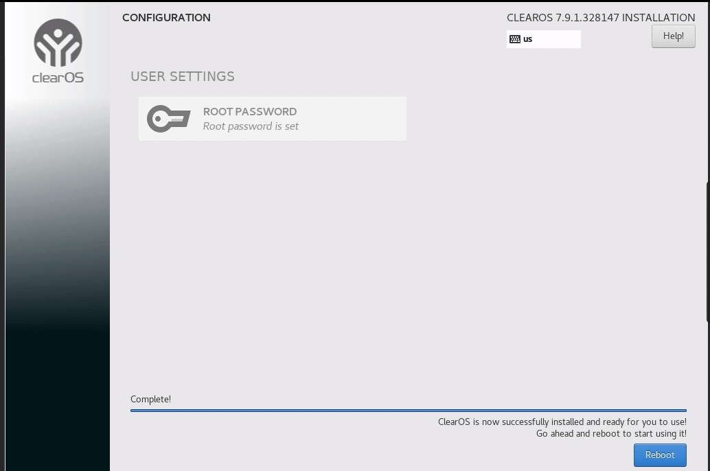 ClearOS installation completed ClearOS installation completed