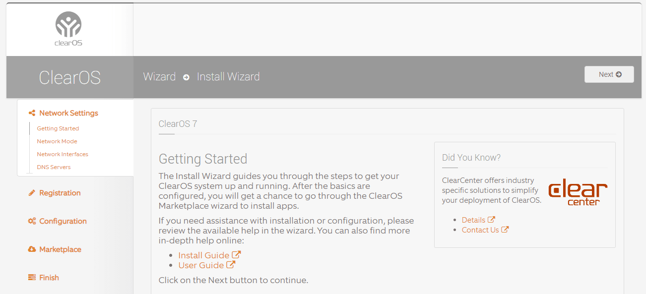ClearOS installation wizard ClearOS installation wizard