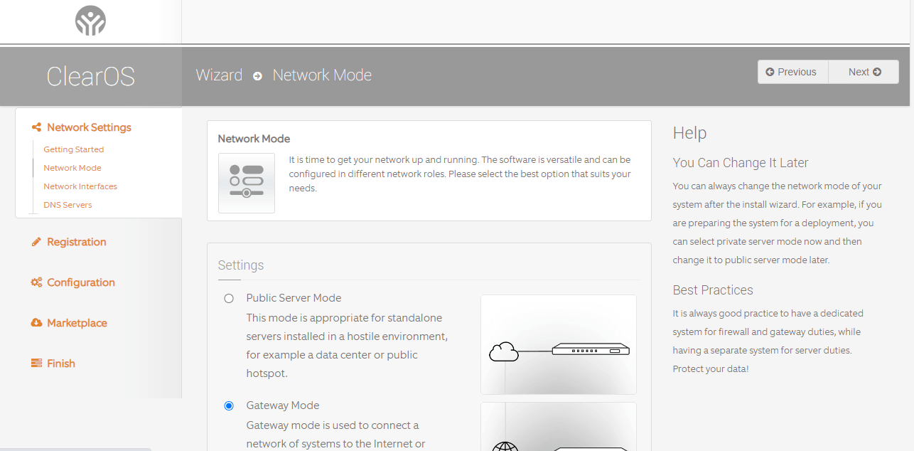 Selecting network mode for ClearOS Selecting network mode for ClearOS