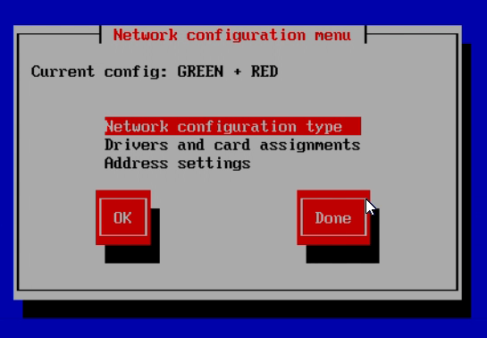 Network configuration menu of IPFire Network configuration menu of IPFire