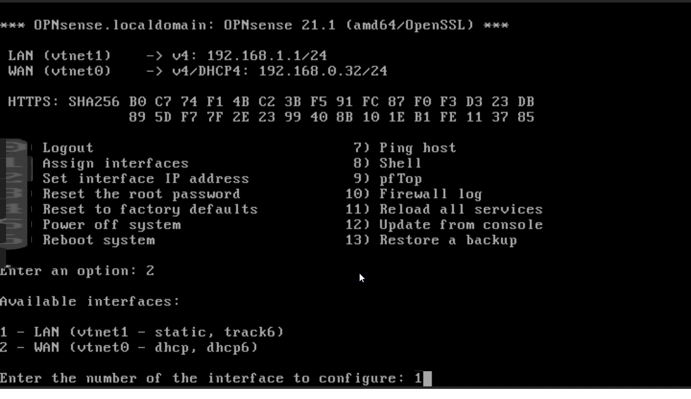 Selecting LAN interface to configure on OPNsense CLI Selecting LAN interface to configure on OPNsense CLI