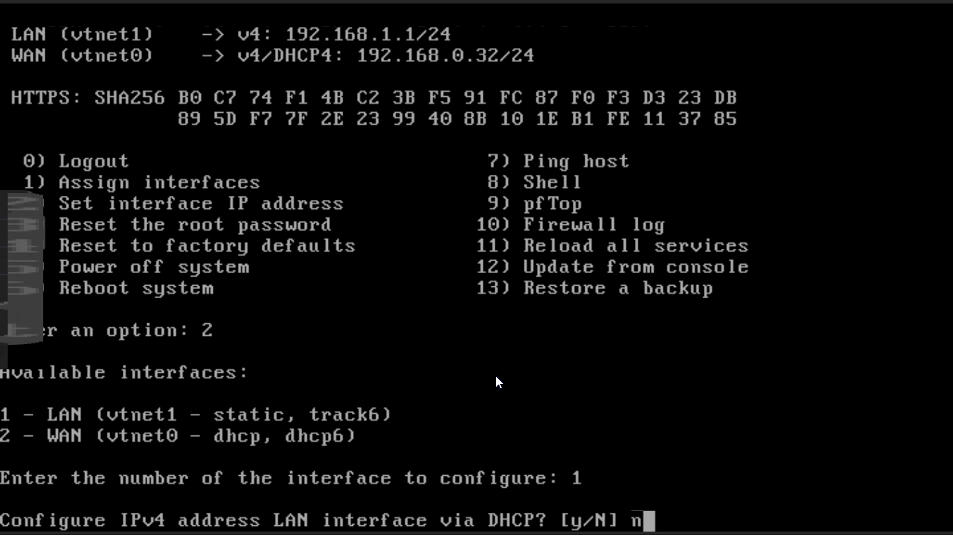 Selecting IP assignment for LAN interface on OPNsense CLI Selecting IP assignment for LAN interface on OPNsense CLI