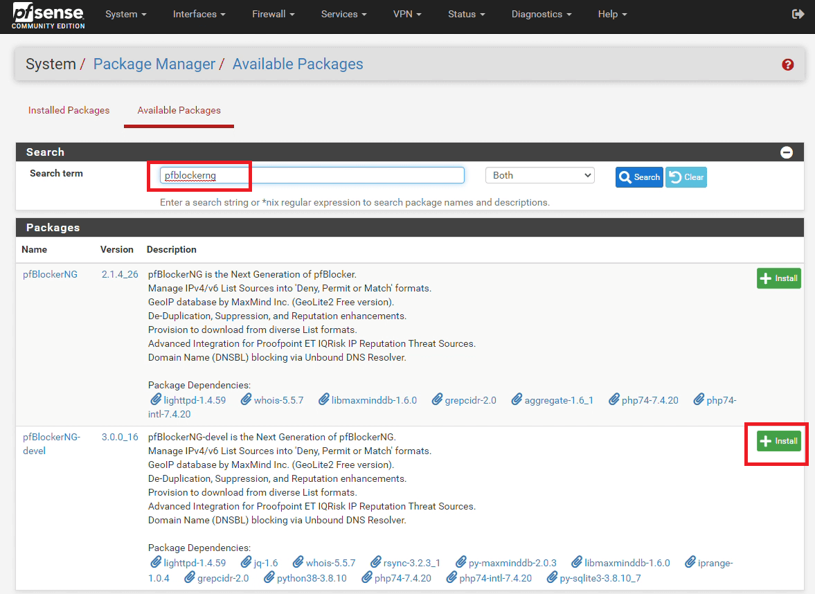 Search and install pfBlockerNG-devel package Search and install pfBlockerNG-devel package