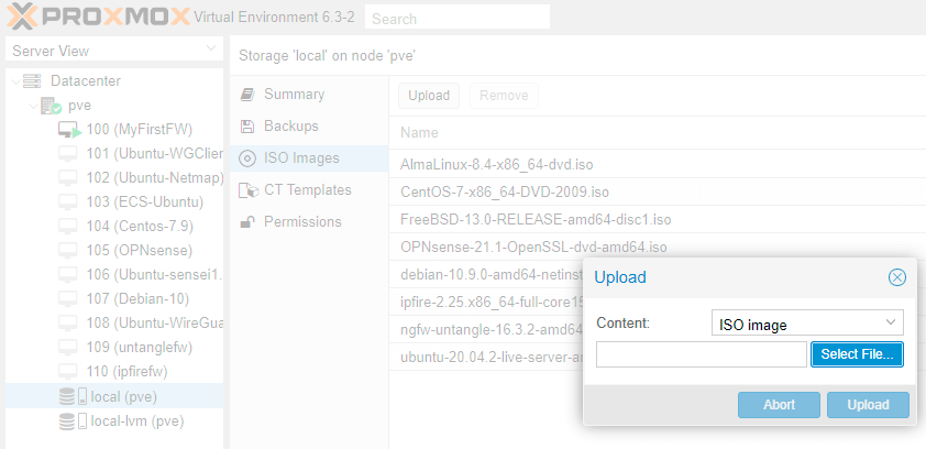 Selecting ClearOS ISO image from local disk to upload Proxmox Selecting ClearOS ISO image from local disk to upload Proxmox