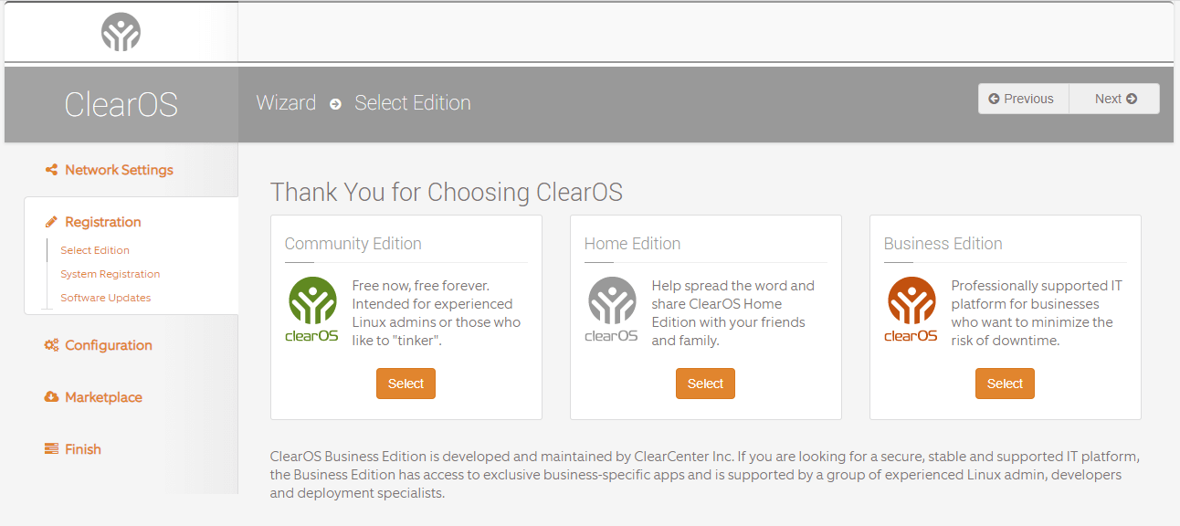 Selecting ClearOS Edition