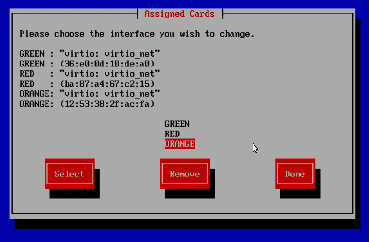 List of assigned cards after completing the card assignment on IPFire List of assigned cards after completing the card assignment on IPFire