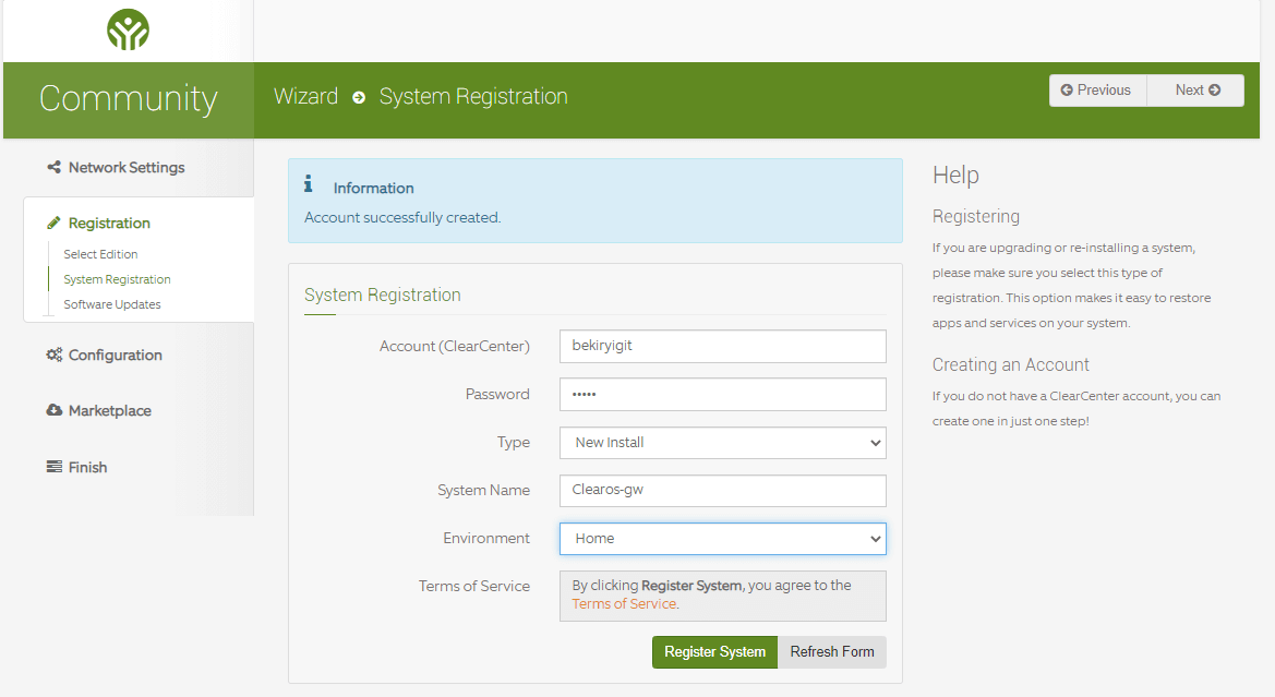 Registering ClearOS system Registering ClearOS system