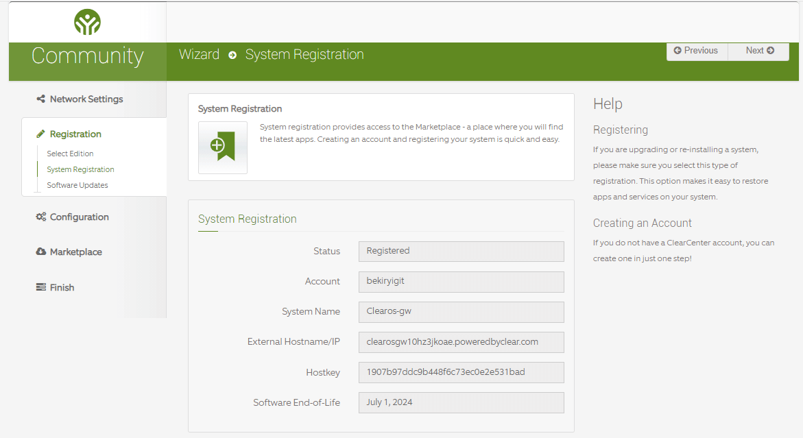 ClearOS System registration information ClearOS System registration information
