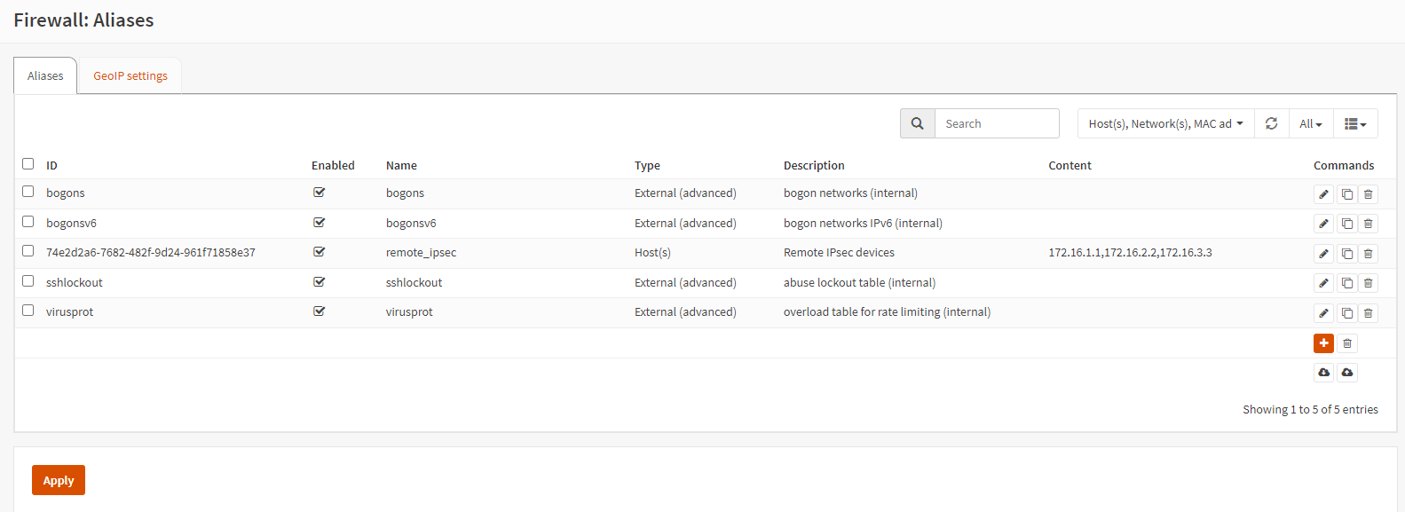 Aliases list on OPNsense firewall Aliases list on OPNsense firewall
