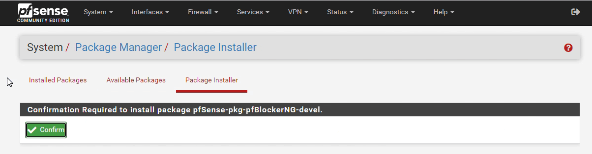 Confirmation for installing pfBlockerNG-devel package Confirmation for installing pfBlockerNG-devel package
