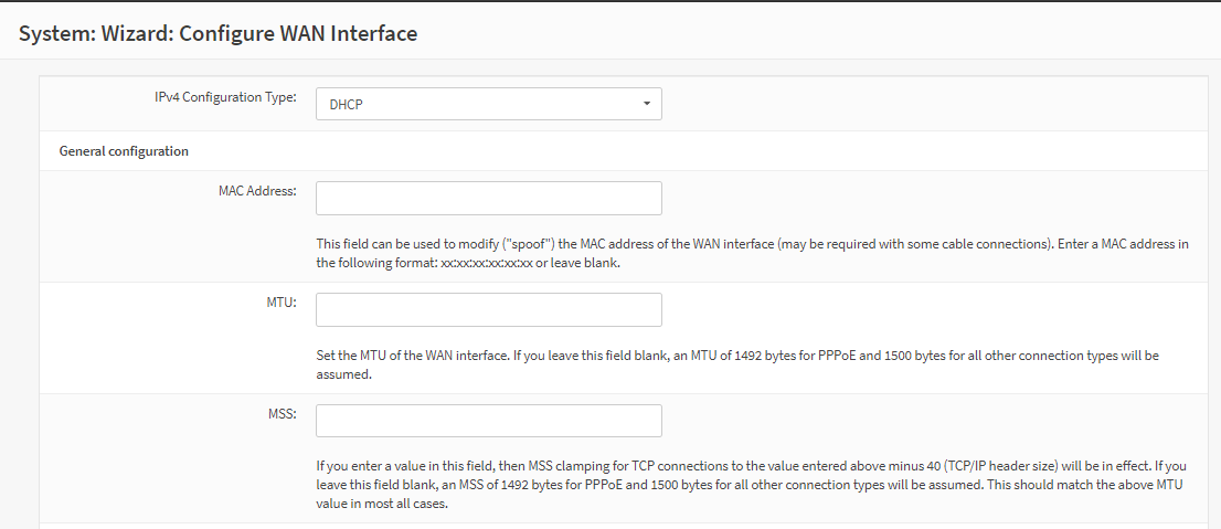 WAN interface configuration on OPNsense GUI WAN interface configuration on OPNsense GUI