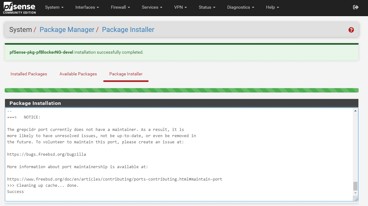 pfBlockerNG-devel package installation completed succesfully pfBlockerNG-devel package installation completed succesfully