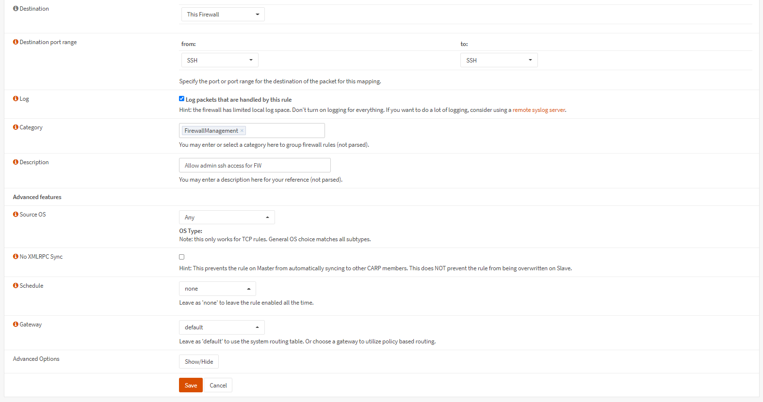 Creating firewall rule on OPNsense-2 (Allows admin IP establish ssh connection to the firewall) Creating firewall rule on OPNsense-2 (Allows admin IP establish ssh connection to the firewall)