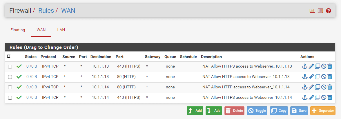 WAN firewall rules for web server port forwarding on pfSense WAN firewall rules for web server port forwarding on pfSense
