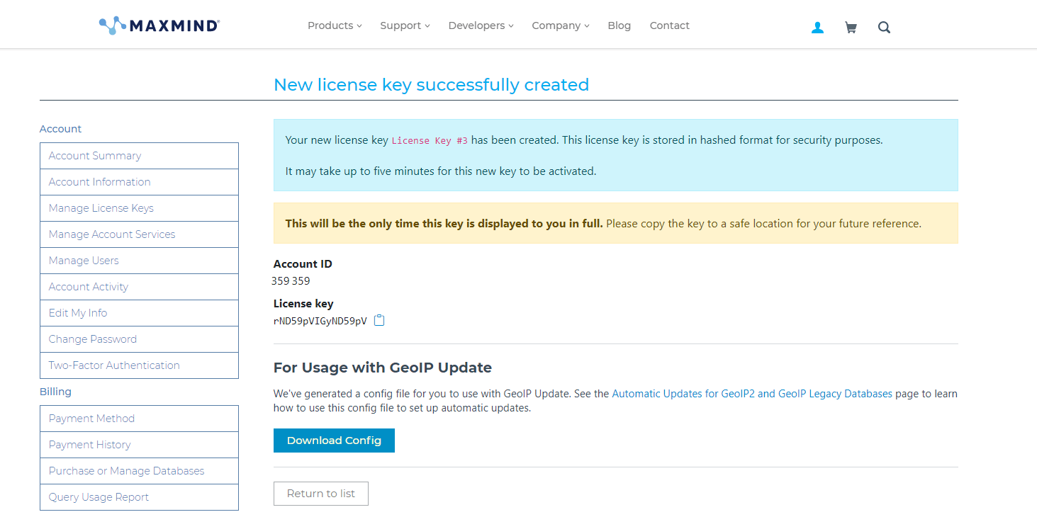 Generating MaxMind License Key Generating MaxMind License Key