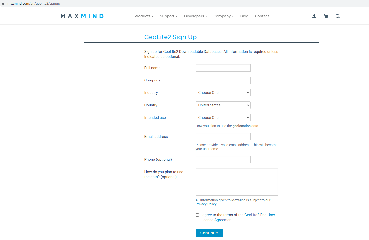 MaxMind GeoLite2 Sign Up page MaxMind GeoLite2 Sign Up page