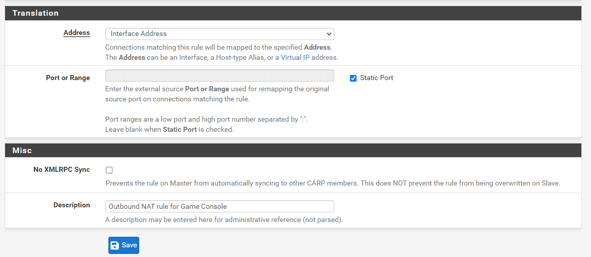 Outbound NAT Rule Configuration for Game Console Outbound NAT Rule Configuration for Game Console
