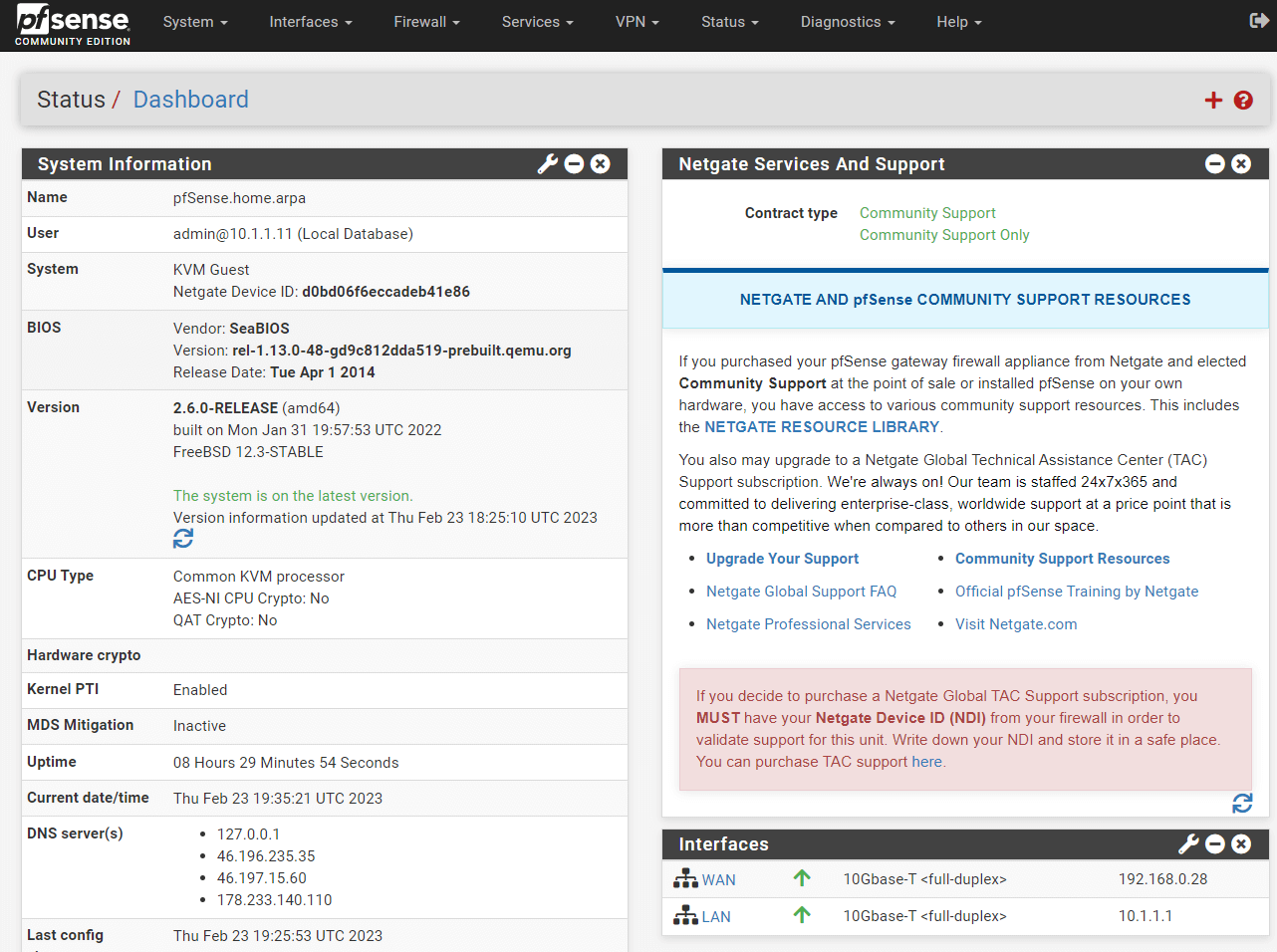 pfSense Web GUI Dashboard pfSense Web GUI Dashboard