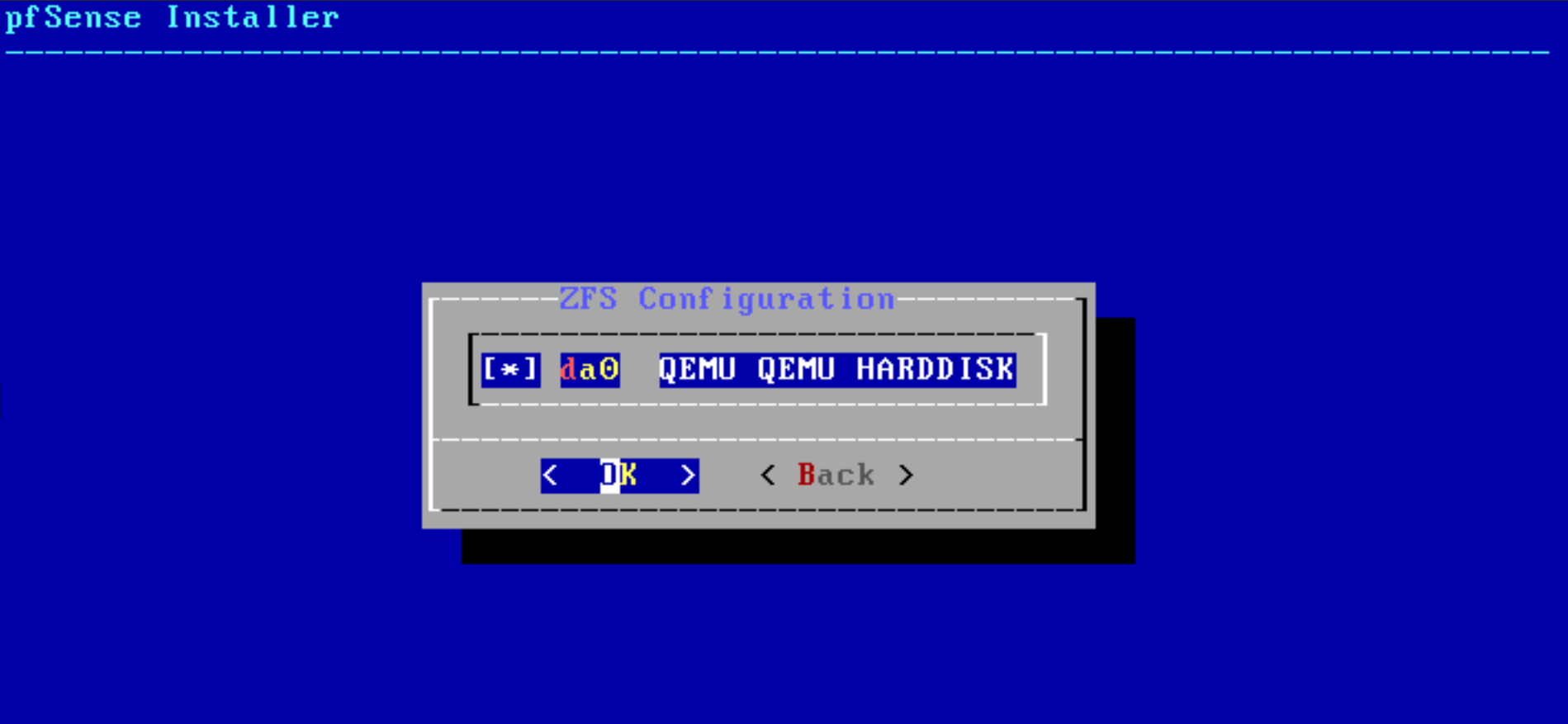 pfSense software installation Harddisk selection menu pfSense software installation Harddisk selection menu