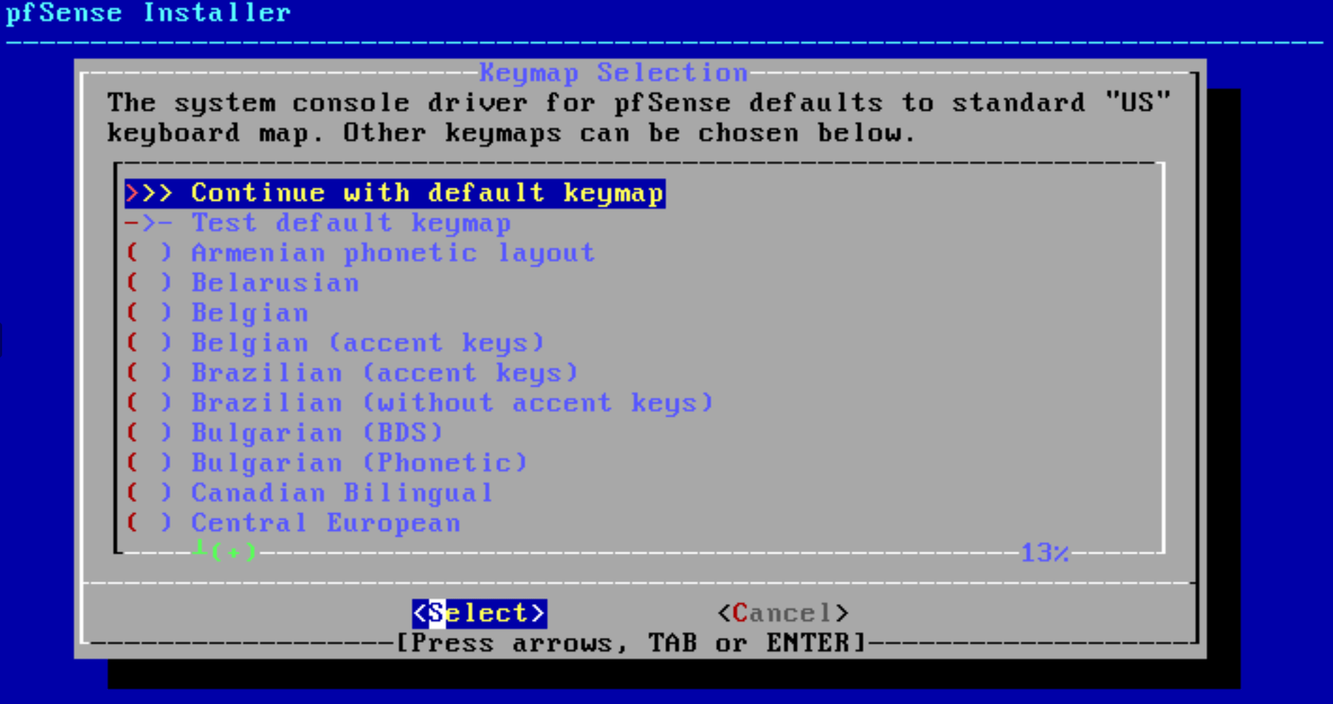 pfSense software installation Keymap Selection menu pfSense software installation Keymap Selection menu