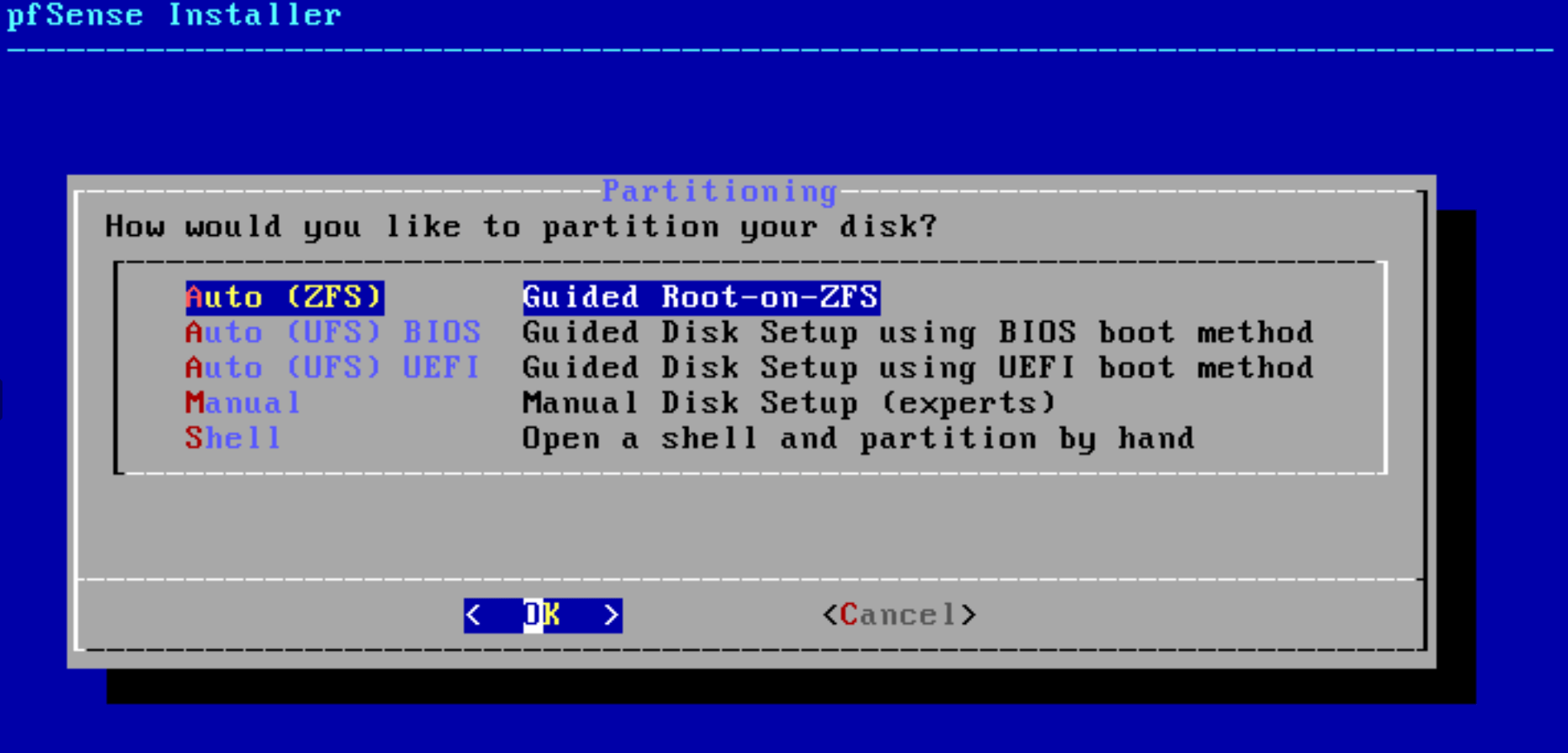 pfSense software installation Partitioning menu pfSense software installation Partitioning menu