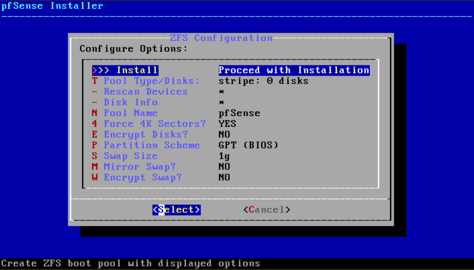 pfSense software installation ZFS Configuration menu pfSense software installation ZFS Configuration menu