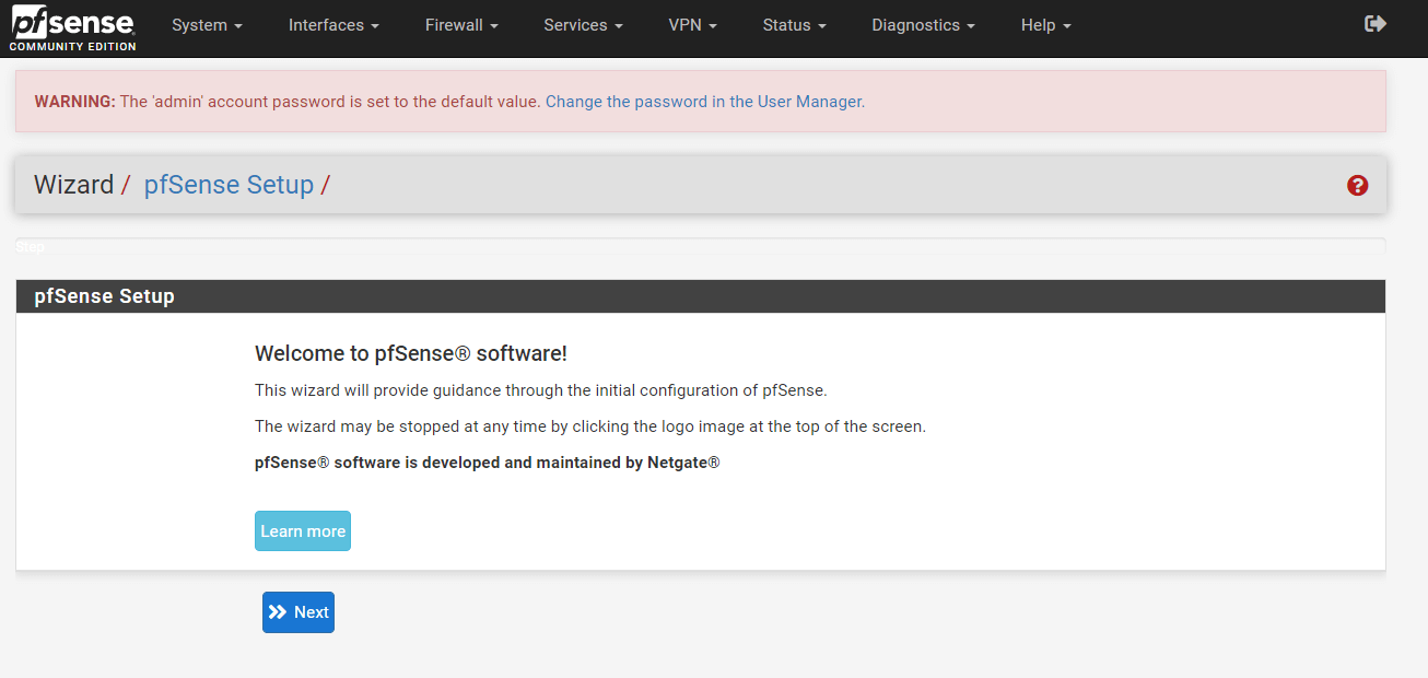 pfSense Setup Welcome page pfSense Setup Welcome page