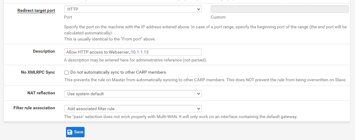 Port forwarding rule configuration for HTTP in pfSense-2 Port forwarding rule configuration for HTTP in pfSense-2