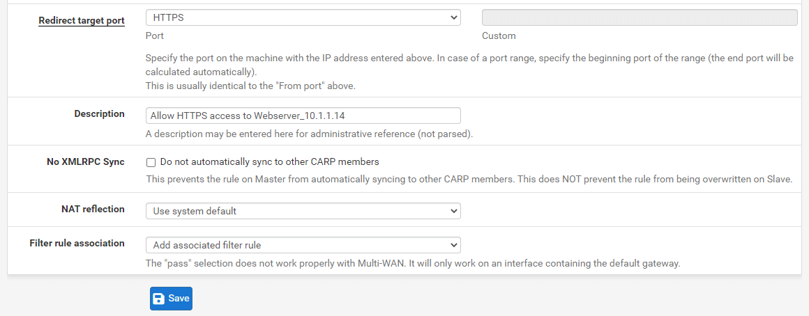Port forwarding rule configuration for HTTPS(8443) in pfSense-2 Port forwarding rule configuration for HTTPS(8443) on pfSense-2