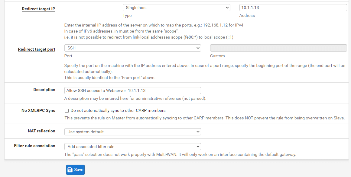 Port forwarding rule configuration for SSH(2222) on pfSense-2 Port forwarding rule configuration for SSH(2222) on pfSense-2