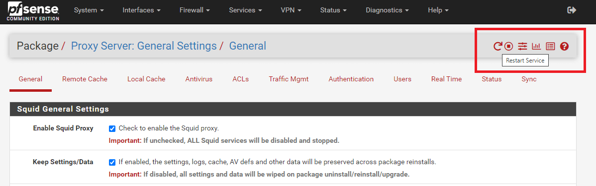 Managing Service Status on Squid Proxy Server settings page Managing Service Status on Squid Proxy Server settings page