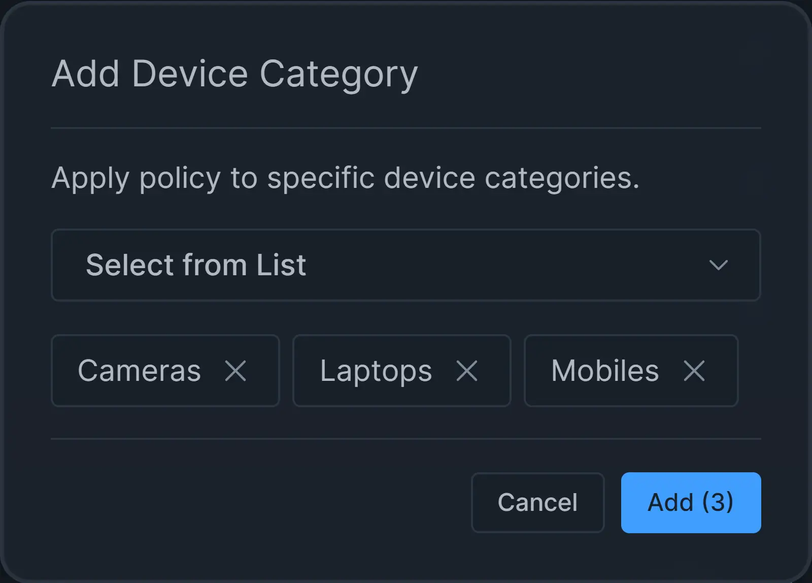 Selecting device categories to add Selecting device categories to add