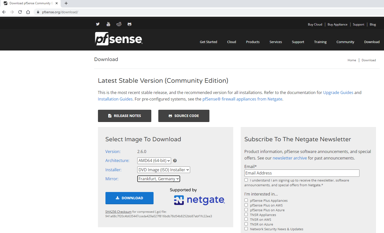 Selecting pfSense Image to download Selecting pfSense Image to download