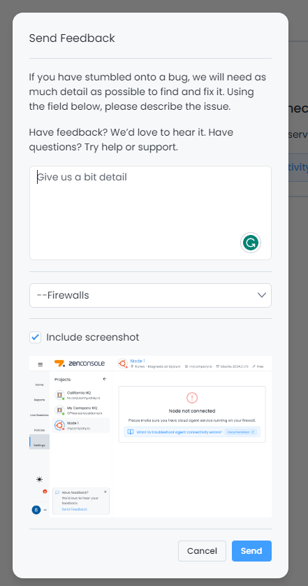 Send Feedback Window on Zenconsole Send Feedback Window on Zenconsole