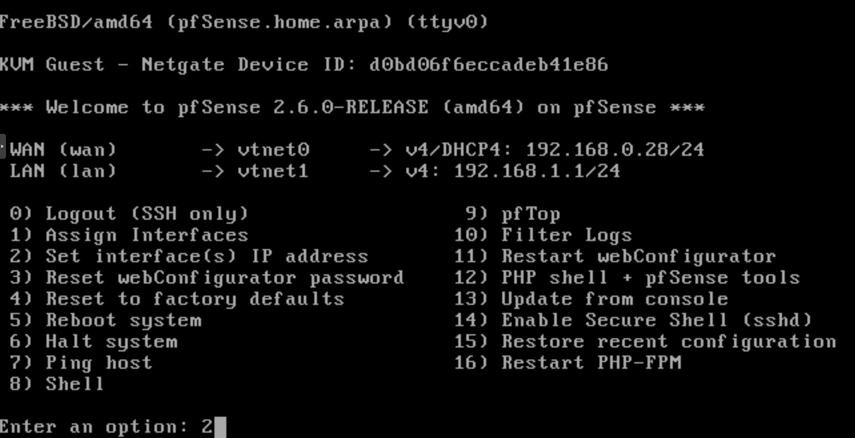 Setting IP address for network interface of pfSense on CLI Setting IP address for network interface of pfSense on CLI