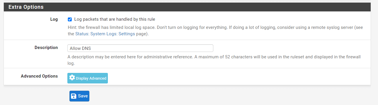 Setting Extra Options for Firewall Rule to allow DNS Setting Extra Options for Firewall Rule to allow DNS