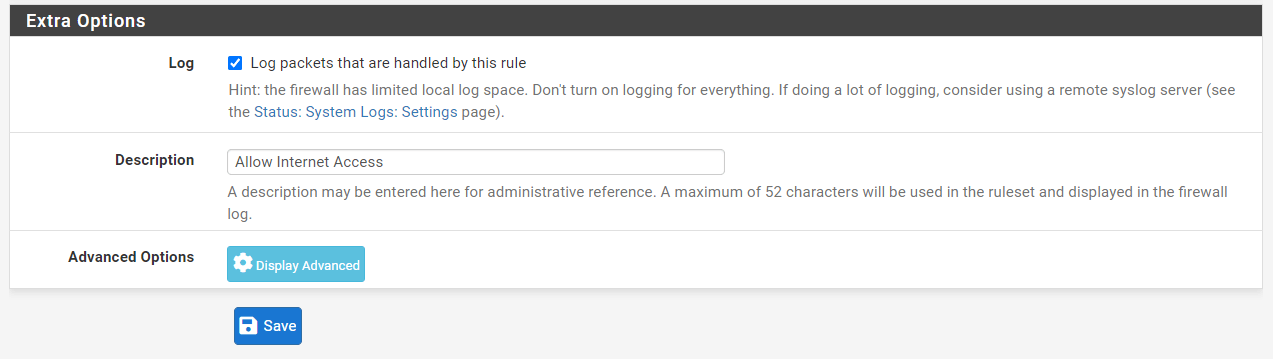 Setting Extra Options for Firewall Rule to Allow Internet access from GuestNet on pfSense Setting Extra Options for Firewall Rule to Allow Internet access from GuestNet