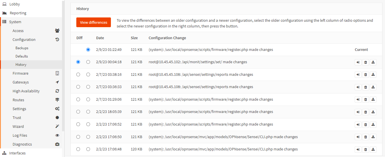 Viewing OPNsense Configuration History Viewing OPNsense Configuration History