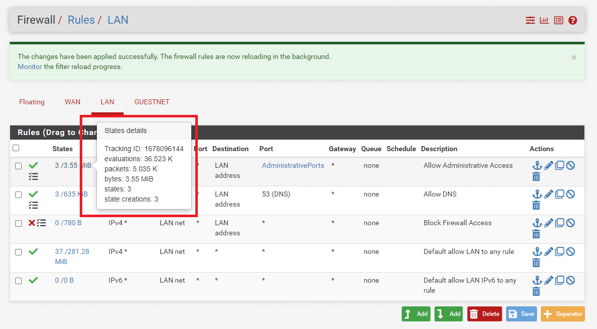 Viewing Firewall rule states details Viewing Firewall rule states details