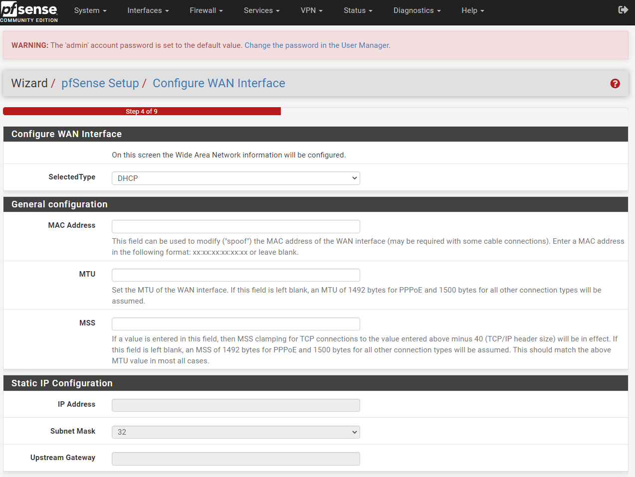 WAN interface configuration on pfSense Setup GUI WAN interface configuration on pfSense Setup GUI