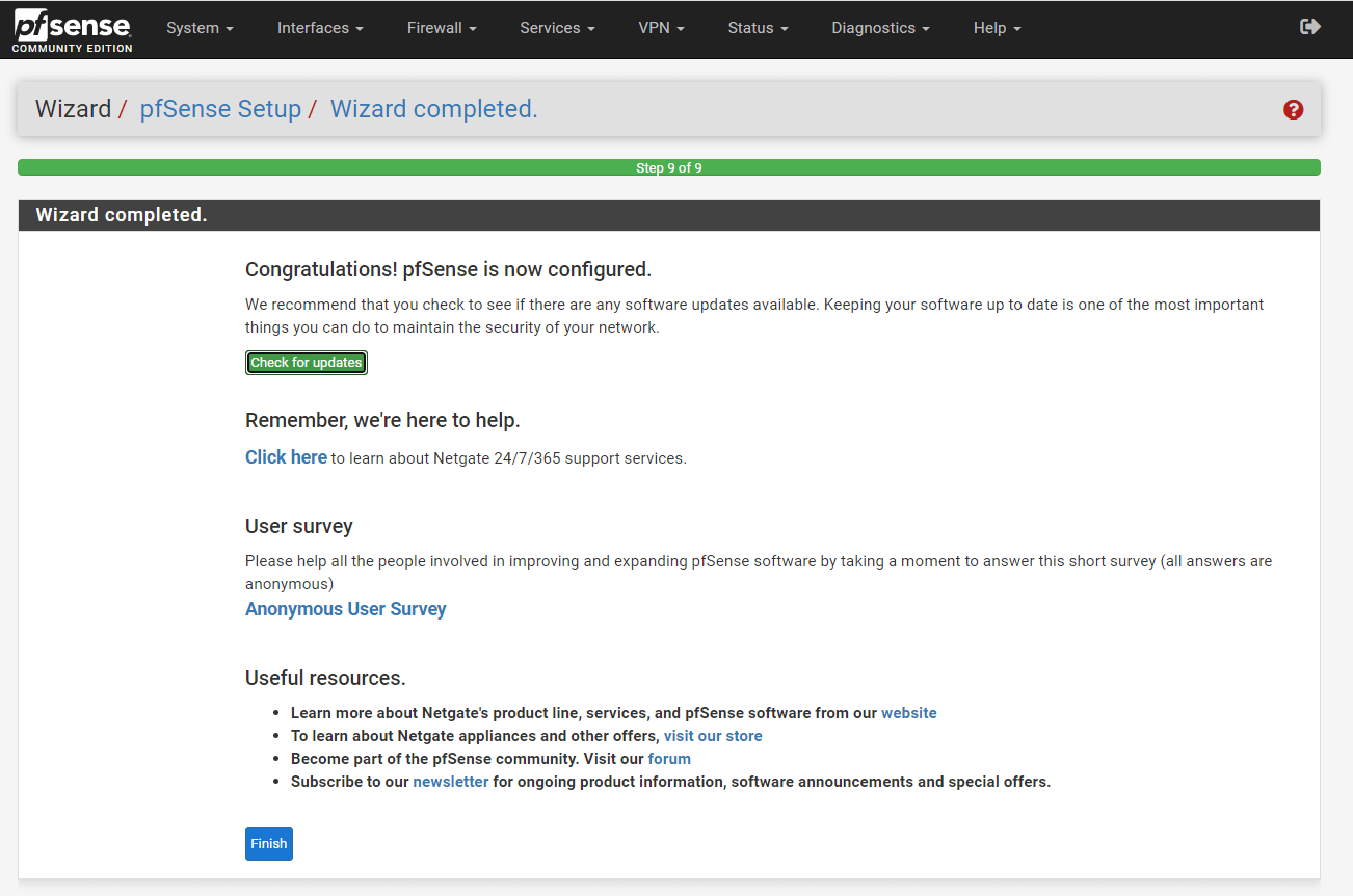Finished initial configuration of pfSense firewall* Finished initial configuration of pfSense firewall*